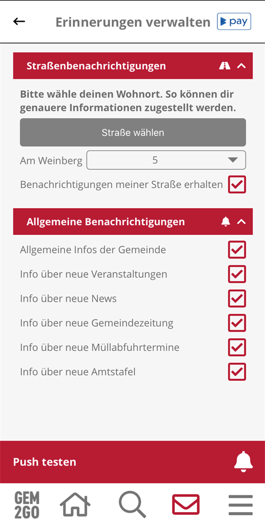 Gem2Go Die Gemeinde Info und Sercice App - Screenshot: Erinnerungen